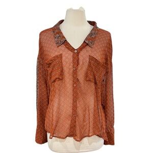 Free People Easy Rider Oversized Sheer Button Up Blouse SZ M Rust Orange Print